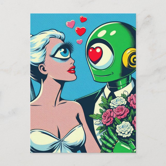 Carte Postale Une femme Alien et un robot vert dans l'amour (Devant)