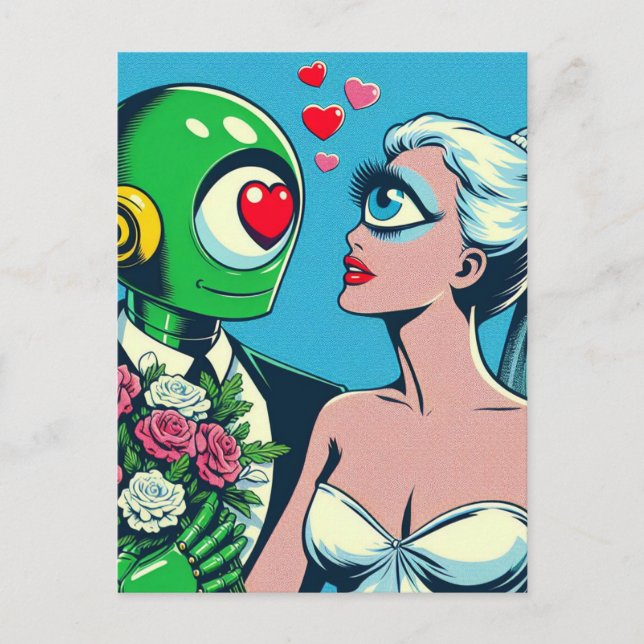 Carte Postale Une femme Alien et un robot vert dans l'amour (Devant)