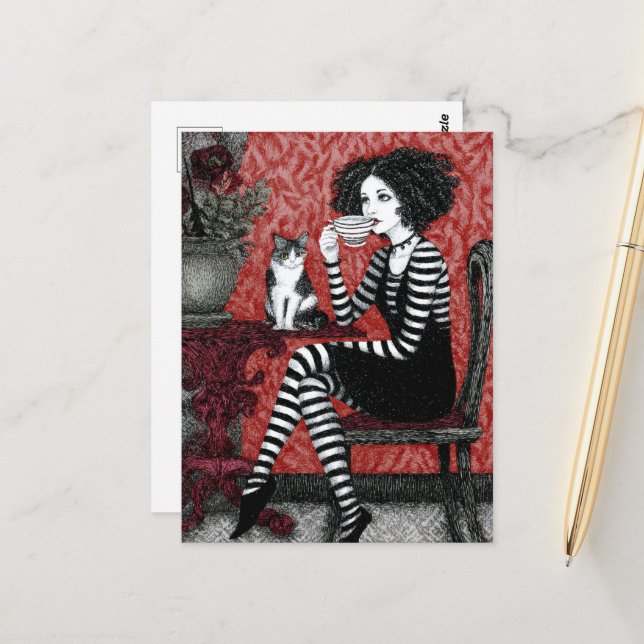 Carte Postale Une Femme Apprécie Le Café Avec Un Chat (Devant/Arrière en situation)