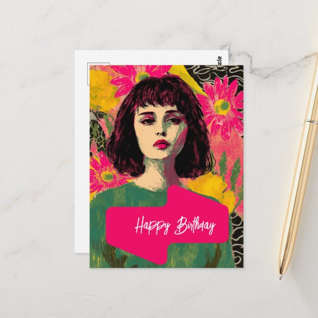 Carte Postale Une Femme Aux Fleurs Joyeuse Anniversaire (Devant/Arrière en situation)