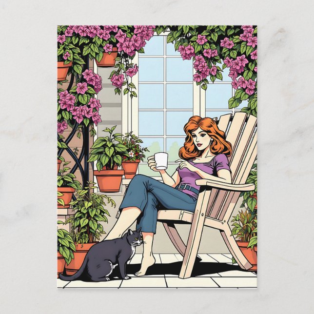 Carte Postale Une femme avec café, chat et Plante (Devant)