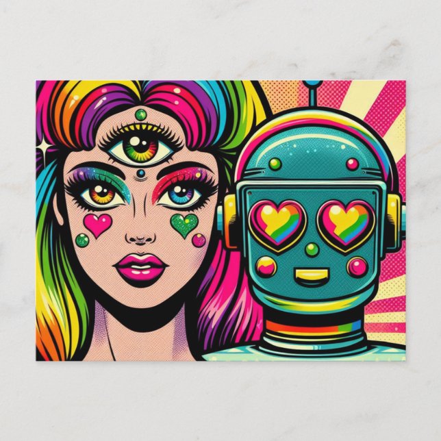 Carte Postale Une femme avec le troisième oeil et un robot (Devant)