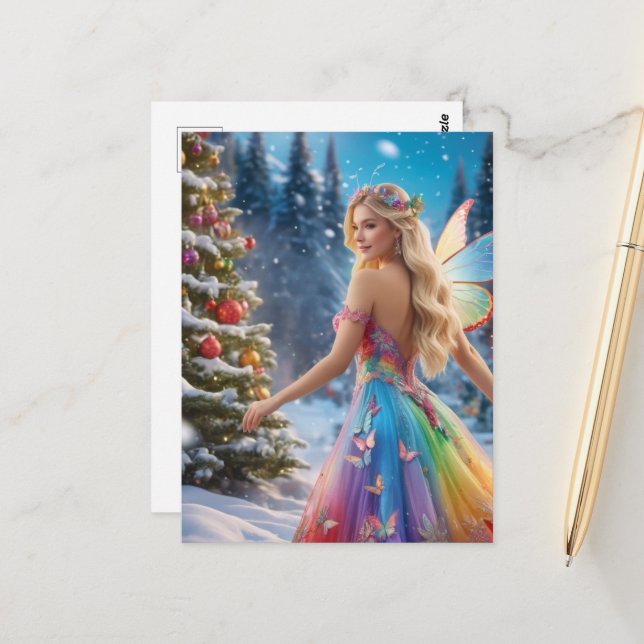 Carte Postale Une femme blonde fée et sapin de Noël (Devant/Arrière en situation)