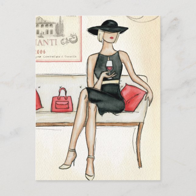 Carte Postale Une Femme Boit Du Vin Rouge (Devant)