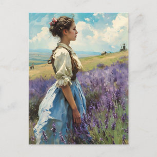 Carte Postale Une femme dans un champ de lavande Vintage
