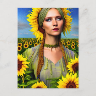 Carte Postale Une femme dans un champ de tournesol