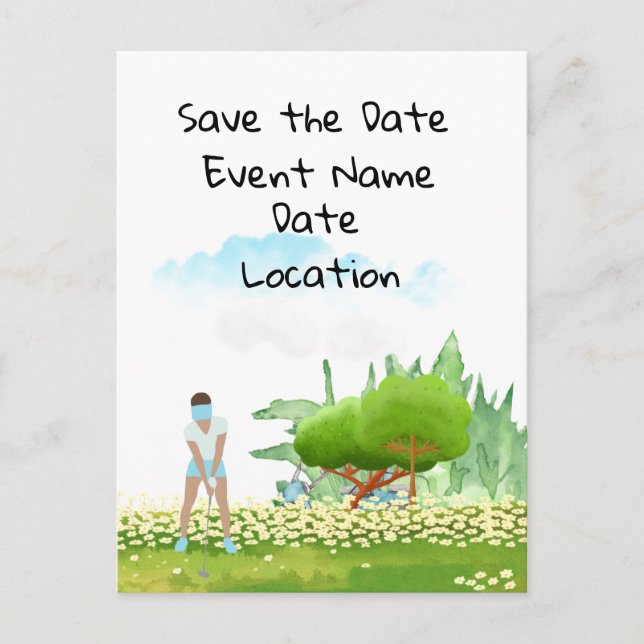 Carte Postale Une femme de golf joue au golf Save the Date party (Devant)