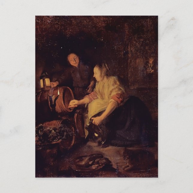 Carte Postale Une femme dessine du vin à partir d'un tonneau par (Devant)