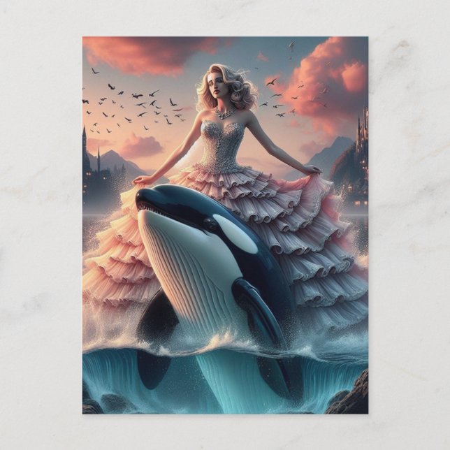 Carte Postale Une femme en robe rose fantaisie tueuse baleine (Devant)