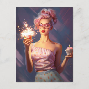 Carte Postale Une femme époustouflante aux cheveux roses tenant 