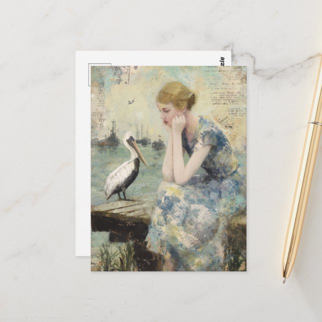 Carte Postale Une femme et un pélican collage médiatique mixte (Devant/Arrière en situation)