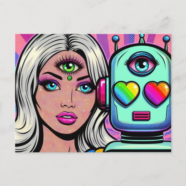 Carte Postale Une femme et un robot avec le troisième oeil (Devant)