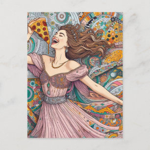 Carte Postale Une Femme Joyeuse À La Pizza