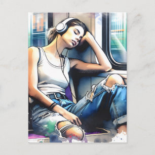 Carte Postale Une femme qui dort dans le métro à écouter de la m