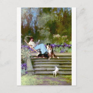 Carte Postale Une femme qui lit avec des chiens de collie