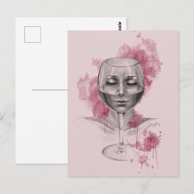 Carte Postale Une femme visage dans le verre de vin dessin surré (Devant / Derrière)
