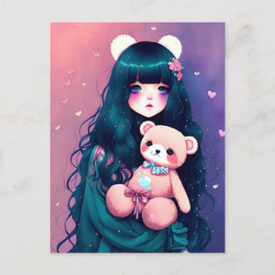 Carte Postale Une fille d'Anime avec un ours en peluche, poste
