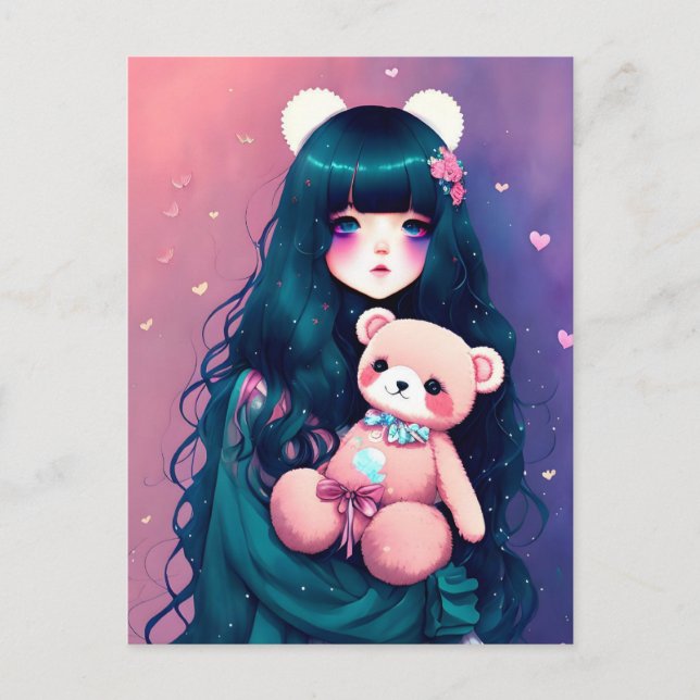 Carte Postale Une fille d'Anime avec un ours en peluche, poste (Devant)