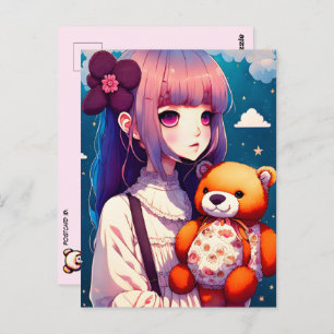 Carte Postale Une fille d'Anime avec un ours en peluche, poste