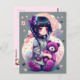 Carte Postale Une fille d'Anime avec un ours en peluche, poste