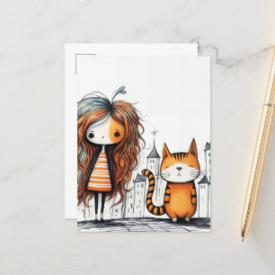 Carte Postale Une fille et son chat