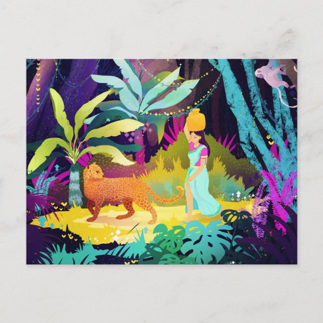 Carte Postale Une fille et un léopard dans la forêt tropicale (Devant)