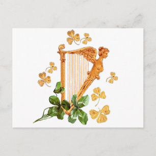 Carte Postale Une Harpe d'Irlande d'or entourée de Shamrocks