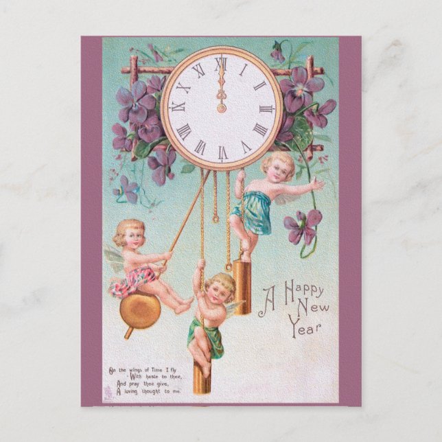 Carte Postale UNE HEUREUSE NOUVELLE ANNÉE de chérubins & horloge (Devant)