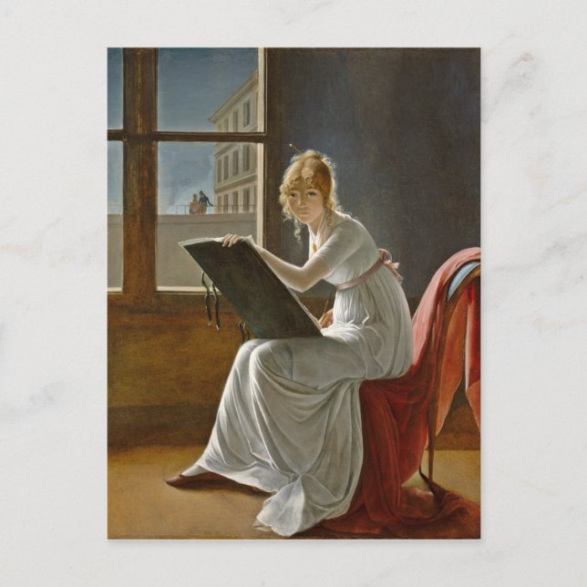 Carte Postale Une jeune femme dessine à côté d'une fenêtre (Devant)