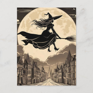 Carte Postale Une jeune sorcière d'Halloween à cheval sur la vil