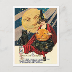 Carte Postale Une jeune sorcière tient le citrouille à pleine lu
