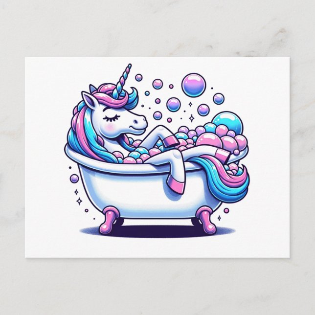 Carte Postale Une licorne adorable dans une baignoire (Devant)