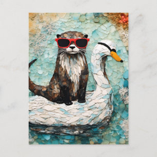 Carte Postale Une loutre en vacances sur un cygne flottant