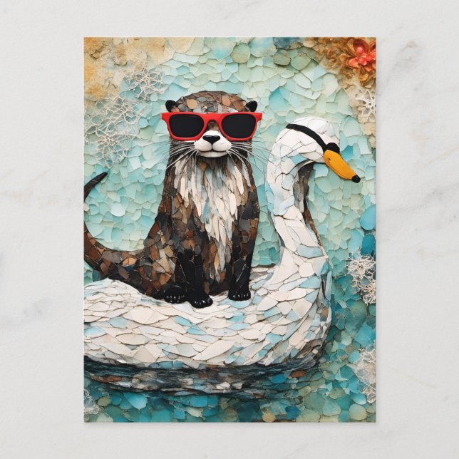 Carte Postale Une loutre en vacances sur un cygne flottant (Devant)