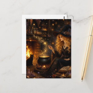 Carte Postale Une magnifique sorcière de magie et son chat noir