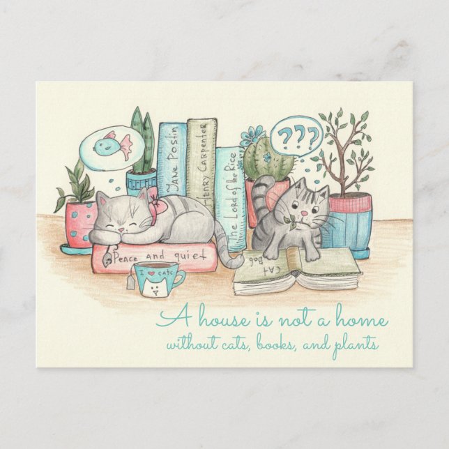 Carte Postale Une maison n'est pas une maison sans chats, livres (Devant)