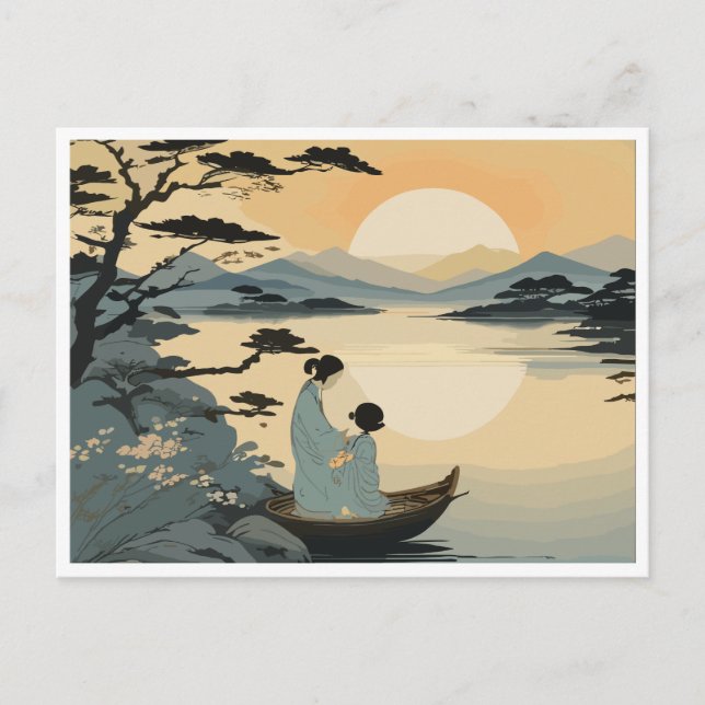 Carte Postale Une mère et un enfant embrassent le coucher du sol (Devant)