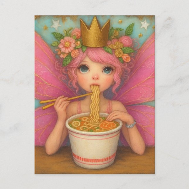 Carte Postale Une mignonne fée rose mangeant du Ramen (Devant)