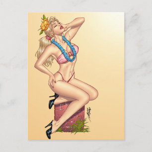 Carte Postale Une petite fille blonde avec des fleurs en bikini