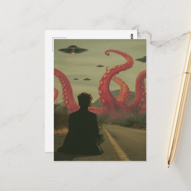 Carte Postale Une pieuvre rose et des ovnis Personne assise au b (Devant/Arrière en situation)