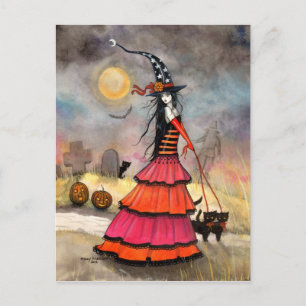 Carte Postale Une promenade d'Halloween Sorcière et chats noirs 