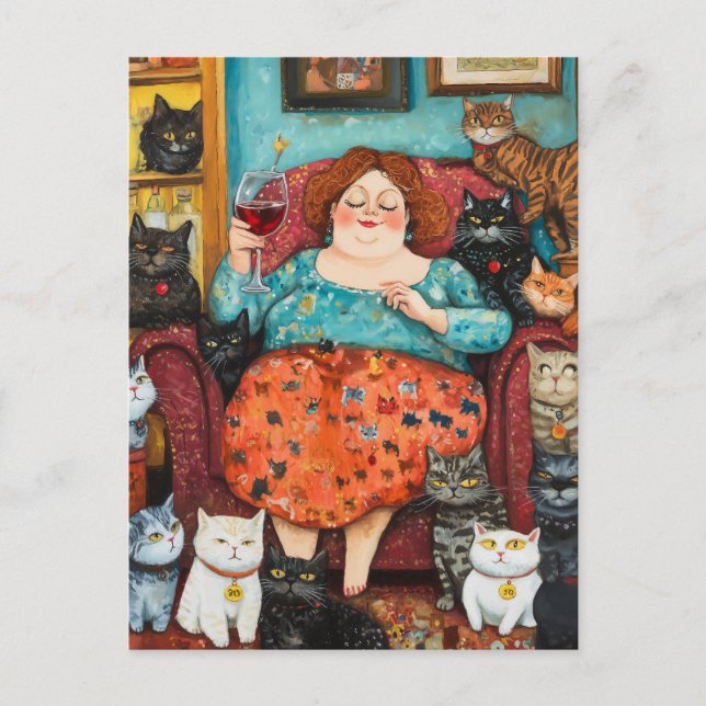 Carte Postale Une soirée cosy avec la dame aux chats sans enfant (Devant)