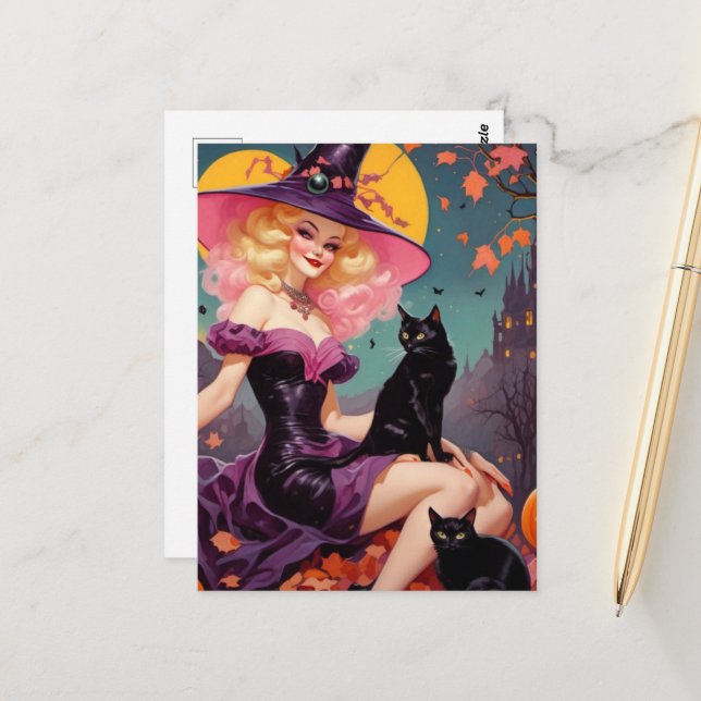 Carte Postale Une sorcière avec ses chats noirs (Devant/Arrière en situation)