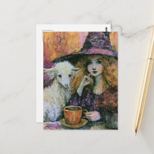 Carte Postale Une sorcière avec son café du matin de chèvre