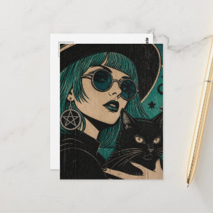 Carte Postale Une sorcière avec son chat noir Gravure sur bois