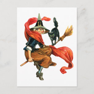 Carte Postale Une sorcière vole sur sa chambre avec son chat noi