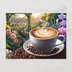 Carte Postale Une tasse de café et un beau jardin de fleurs 