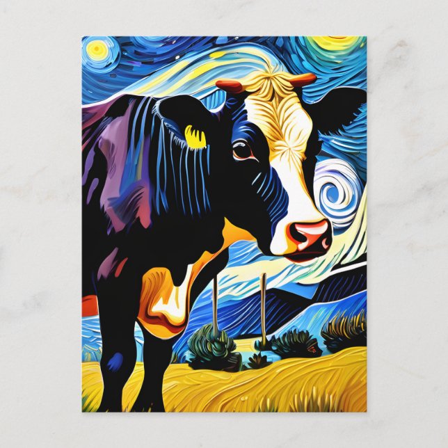 Carte Postale Une vache dans la Nuit étoilée (Devant)