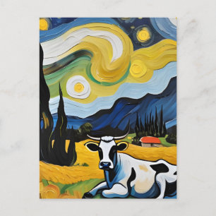 Carte Postale Une vache dans la nuit étoilée