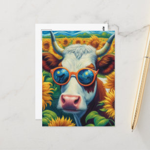Carte Postale Une vache en lunettes de soleil dans un terrain de